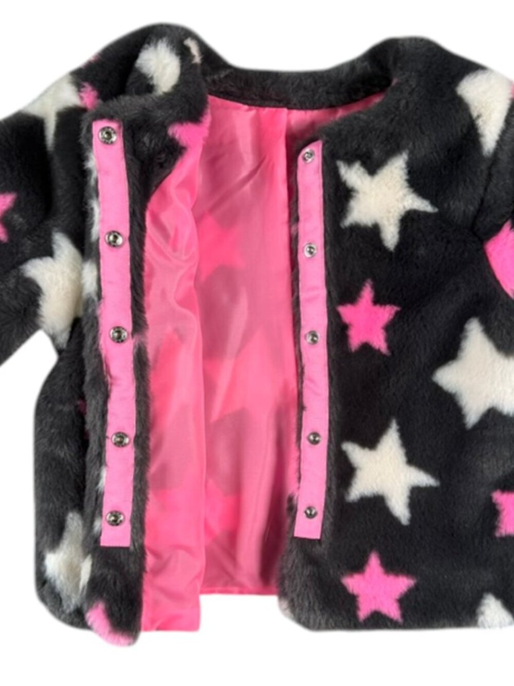 Cat & Jack Girls' Faux Fur Jacket with Stars Grey Pink White Medium 7/8 NWOT - Picture 6 of 12